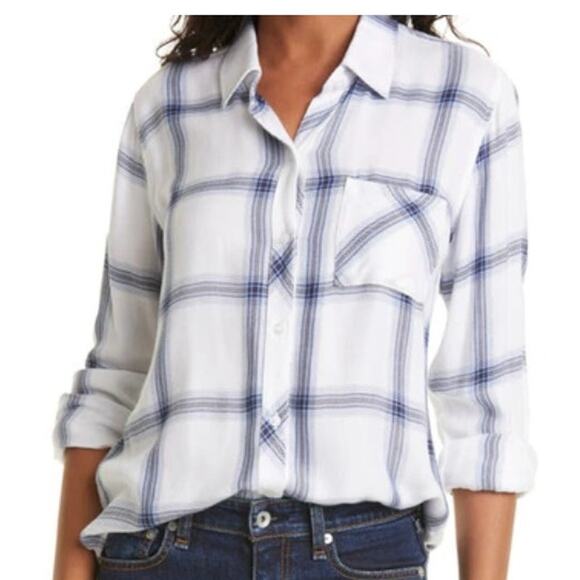 RAILS REVOLVE NWT Hunter Plaid Button Up Top Shirt Long Sleve White Azure Coal M - Picture 1 of 7